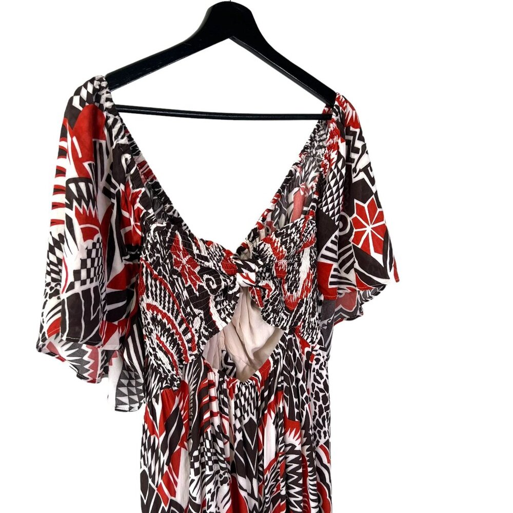 Anthropologie Brown Red White Print Tiered Short Sleeve Tiered Maxi Dress Medium - Picture 5 of 12